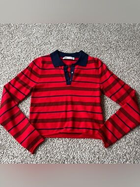 Zara red/navy striped long sleeve polo small